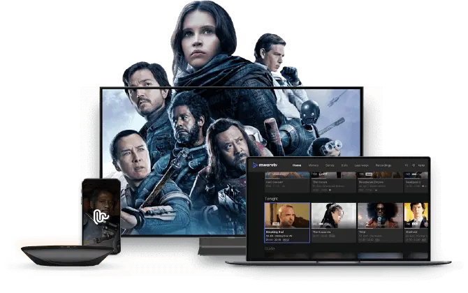 a television screen with a movie poster and a laptop